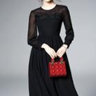 Crochet Trim Long Sleeve Midi Chiffon Dress