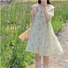 Elbow-sleeve Floral A-line Dress Beige - One Size