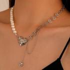 Heart Pendant Faux Pearl Alloy Necklace 01 - White & Silver - One Size