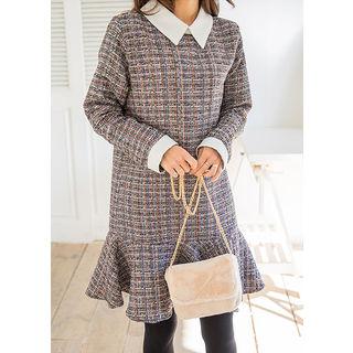 Tall Size Contrast-collar Ruffle-hem Tweed Dress