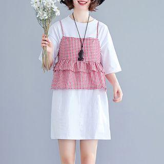Set : T Shirt Skirt + Plaid Suspender