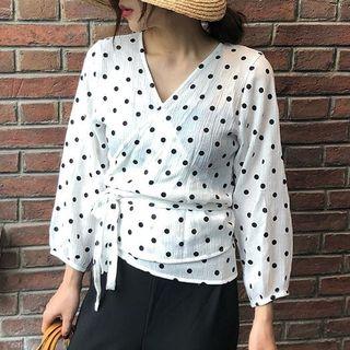 Dotted Lace Up V-neck Long-sleeve Blouse