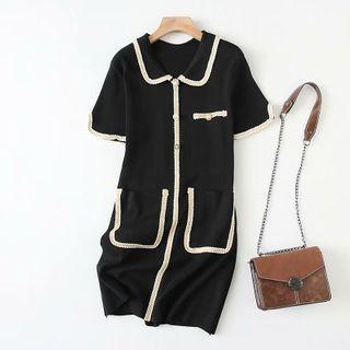 Contrast Trim Button Short-sleeve Knit Midi A-line Dress Black - One Size