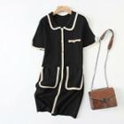 Contrast Trim Button Short-sleeve Knit Midi A-line Dress Black - One Size