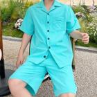 Set: Short-sleeve Plain Shirt + Loose Fit Shorts