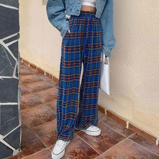 Crystal-pleat Plaid Wide-leg Pants