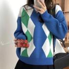 Round-neck Argyle Color-block Knit Sweater Blue - One Size