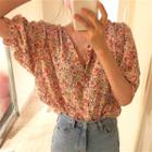 Floral V-neck Single-breasted Chiffon Loose-fit Short-sleeve Blouse As Shown In Figure - One Size