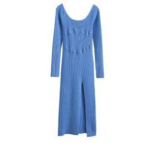 Plain Knit Slit Midi Dress