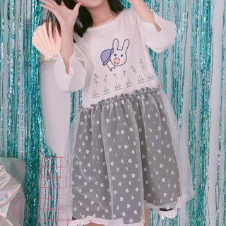Elbow-sleeve Printed Mock Two Piece Dress