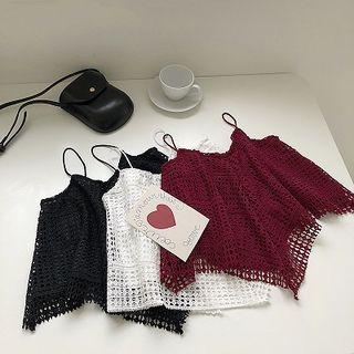 Plain V-neck Eyelet Lace Spaghetti-strap Top