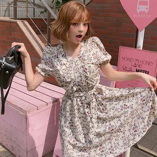 Tie-waist Floral Crepe Shirtwaist Dress
