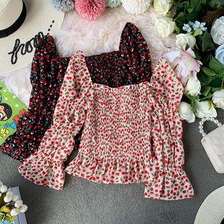 Square-neck Floral Print Ruched Blouse