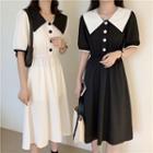 Lapel Color Block Tie-waist Dress