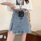 High-waist Washed Denim Split A-line Zip Mini Skirt