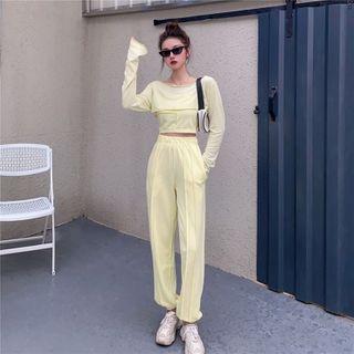 Long-sleeve Cropped Top / Strapless Top / Drawstring Hem Sweatpants