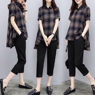 Set: Short-sleeve Plaid Shirt + Cropped Pants