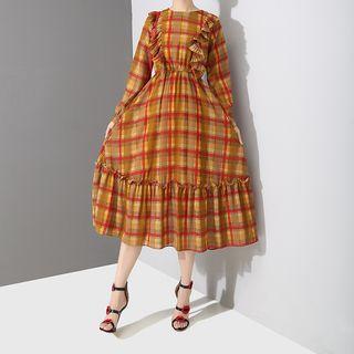 Plaid Long-sleeve Midi A-line Dress Red - One Size