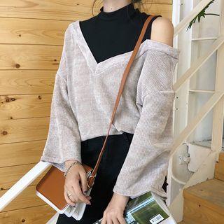 Long-sleeve Mock Two-piece Top As Shown In Figure - One Size