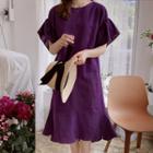 Frilled-sleeve Linen Blend Midi Dress