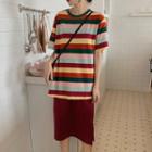 Rainbow Stripe T-shirt / Midi Straight-fit Split Skirt