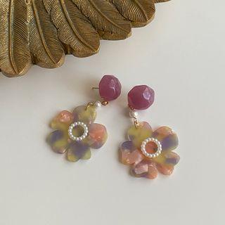 Flower Acetate Dangle Earring 1 Pair - Silver Needle - Flower - Blue & Pink & Yellow - One Size