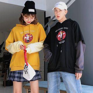 Couple Matching Mock Two-piece Printed Lettering Hoodie