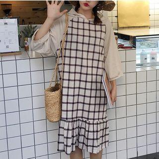 Plaid Panel 3/4 Sleeve Hoodie Dress