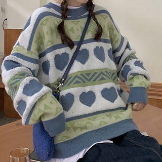 Color Block Geometric Print Sweater Blue & Green & White - One Size