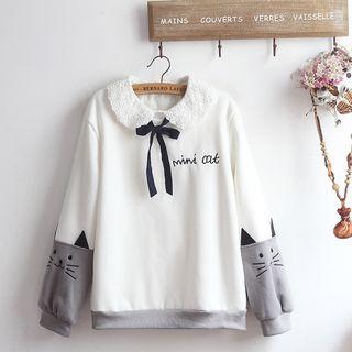 Color Block Pullover / Lace Collar Blouse / Set
