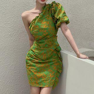 Puff-sleeve One-shoulder Mini Sheath Dress