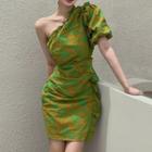 Puff-sleeve One-shoulder Mini Sheath Dress