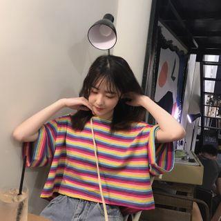 Striped Oversize Elbow-sleeve T-shirt As Shown In Figure - One Size