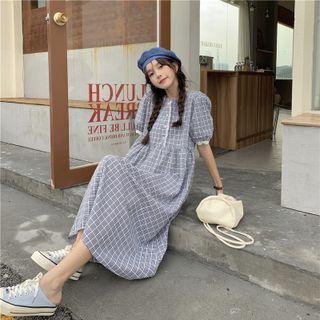 Puff-sleeve Plaid Midi A-line Dress Midi Dress - Lace - Black & White - One Size