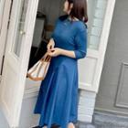 3/4-sleeve Knit Panel Midi A-line Dress