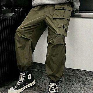 Plain High-waist Cargo Cropped Pants