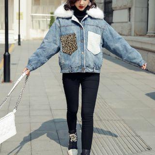 Leopard Panel Padded Denim Jacket