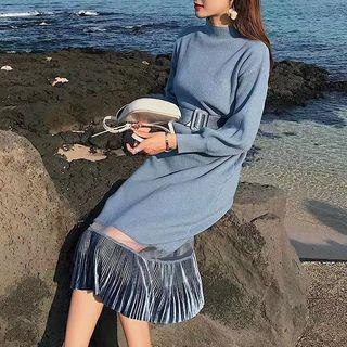Mock-turtleneck Ruffle Hem Midi Sweater Dress