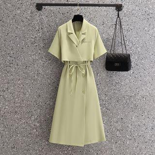 Mock Two-piece Short-sleeve Double Breasted A-line Dress