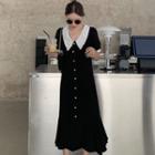 Puff-sleeve Peter Pan-collar Single-breasted Mermaid Hem Midi Dress