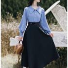 Set: Plain Lantern-sleeve Blouse + High-waist Midi A-line Skirt