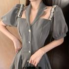 Puff-sleeve Plain Button-up Dress