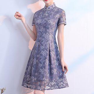 Flower Short-sleeve Stand-collar Dress