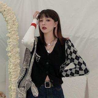 Argyle Patchwork Cardigan Black & Gray & White - One Size