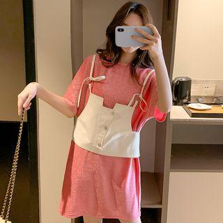 Glitter Elbow-sleeve T-shirt Dress / Mini Straight-fit Skirt / Buttoned Camisole Top / Set