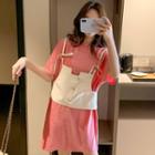 Glitter Elbow-sleeve T-shirt Dress / Mini Straight-fit Skirt / Buttoned Camisole Top / Set