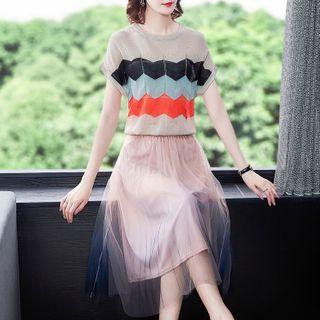 Set: Color Panel Short-sleeve Top + Midi A-line Skirt