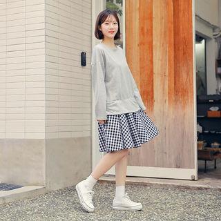 Mock Tow-piece Check-hem Pullover Dress