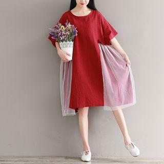 Elbow Sleeve Mesh Panel Midi Dress