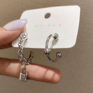 Non-matching Lock Drop Earring E2682 - 1 Pair - Asymmetric - Silver - One Size